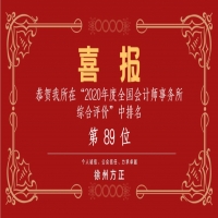 全國會計師事務所綜合評價排名公布，我公司位列89名！